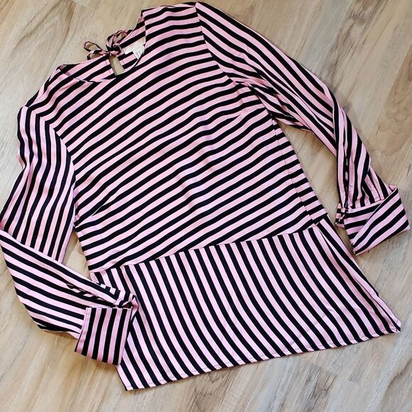 🔺️H&M Pink & Black Striped Asymmetric Hemline Rayon Blouse Size 2 - Picture 3 of 13